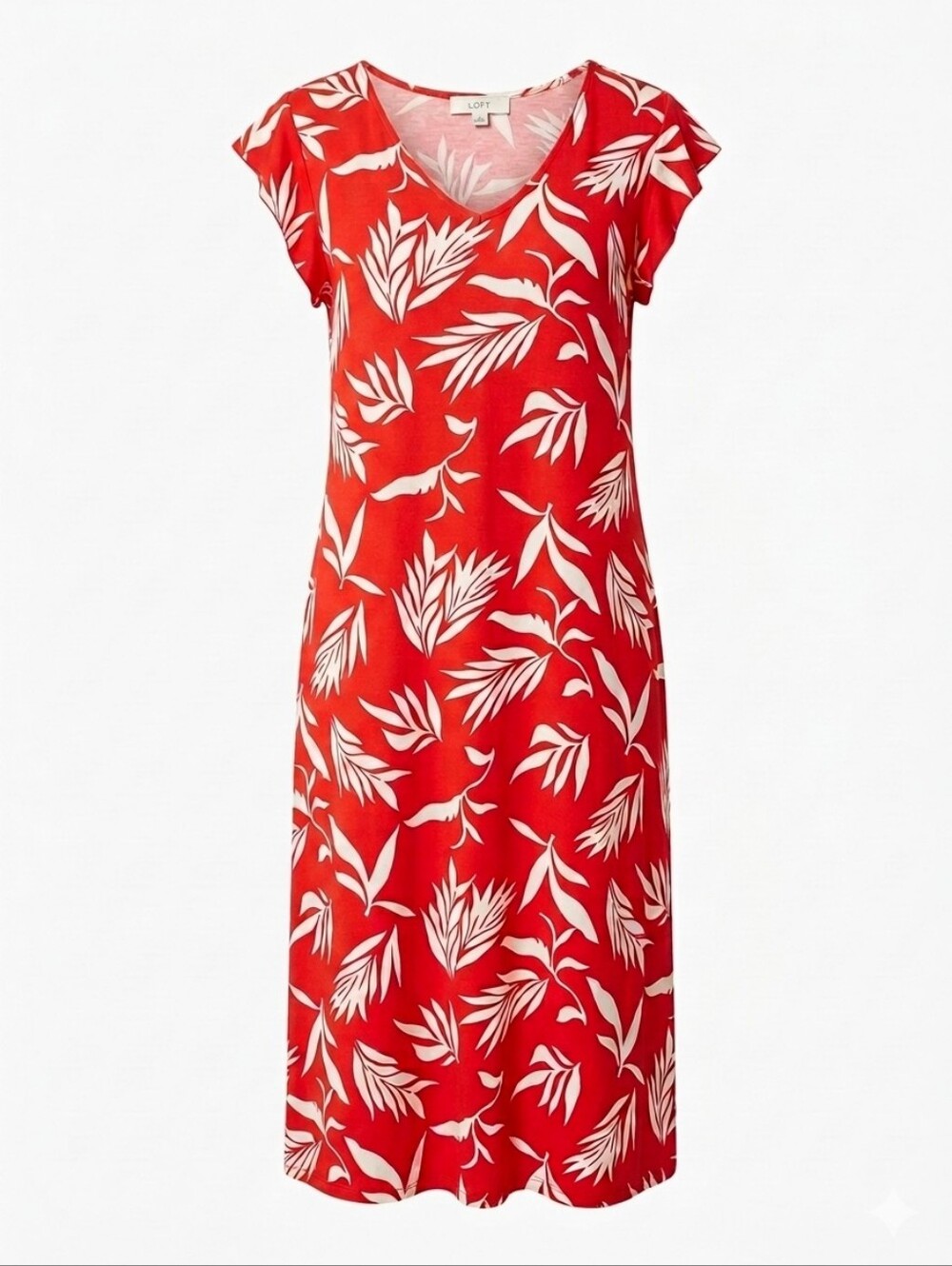 LOFT Red and White Tropical Print Midi Dress